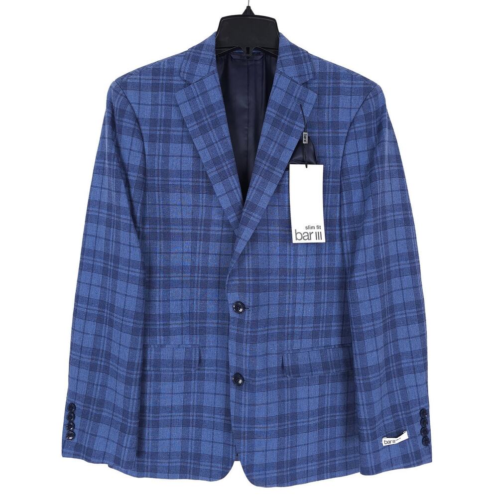 Bar III Mens Slim Fit Sport Coat Blazer 36R Blue Plaid Linen Cotton Blend NWT